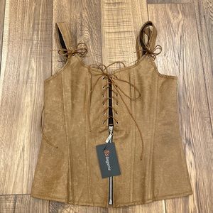 Faux Leather Brown Corset Waist Cinch Size Large Lace Up BS Lingerie Renaissance
